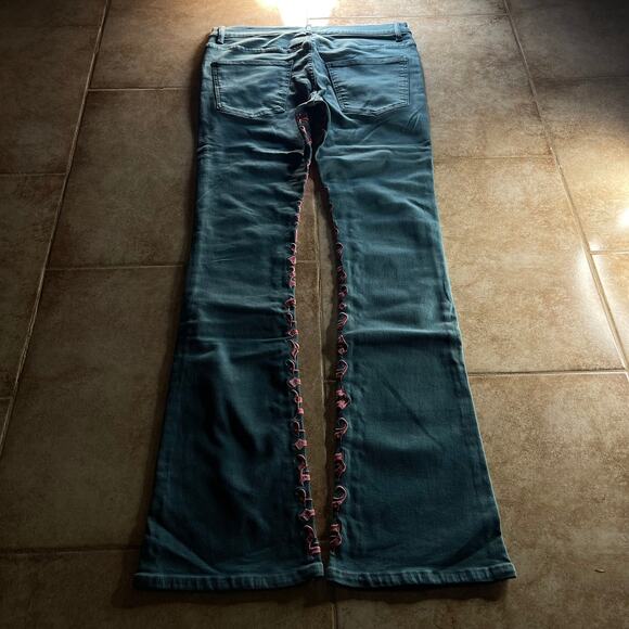 Valabasas Crotch Print Y2K Embroidered Teal Stacked Jeans - Picture 3 of 9